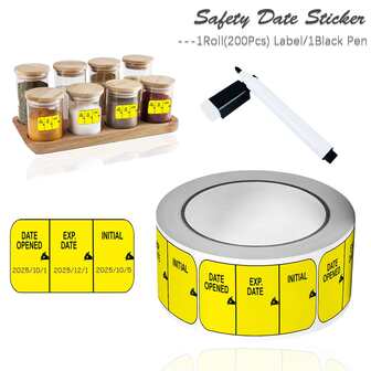 1 Rollo (200 Piezas) Etiquetas con fecha de apertura/caducidad/iniciales con bolígrafo borrable negro de 0.98*1.57'' Etiquetas de índice de congelador y despensa Etiquetas de sellado perfectas para envases de cocina, tarros de alimentos, bebidas.