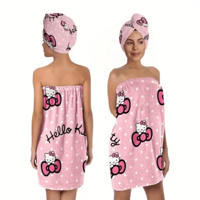 Sanrio 1 Set Hello Kitty Button Bathrobe And Towel, 100% Polyester Fabric, Soft, Adult Wearable Towel Set, Suitable For Bathroom, Bathroom Accessories, Sauna Shorts, SPA Wrap, Washcloth