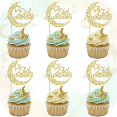 12/24Pcs Gold Glitter Eid Mubarak Cupcake Toppers, Star Moon Islam Festival Cake Decoration, Ramadan Kareem Dessert Picks For Muslim Party Supplies