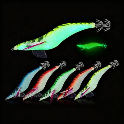 5pcs/Luminous Squid Hook, Shrimp Hook, Wooden Bionic Shrimp Bait - Seawater Fishing Bait, Luminous Squid, Wood Shrimp, Sea Fishing Squid Bait, Hard Lure Bait, Large Wood Shrimp, Squid And Cuttlefish Bait