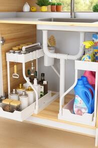 Brodark 1pc Black/White Double-Layer Sliding Sink Organizer Rack With Metal Frame, Multifunctional Bathroom Cabinet Basket Drawer, Versatile Storage Solution For Cosmetics And Accessories, Bathroom Organizer Shelf