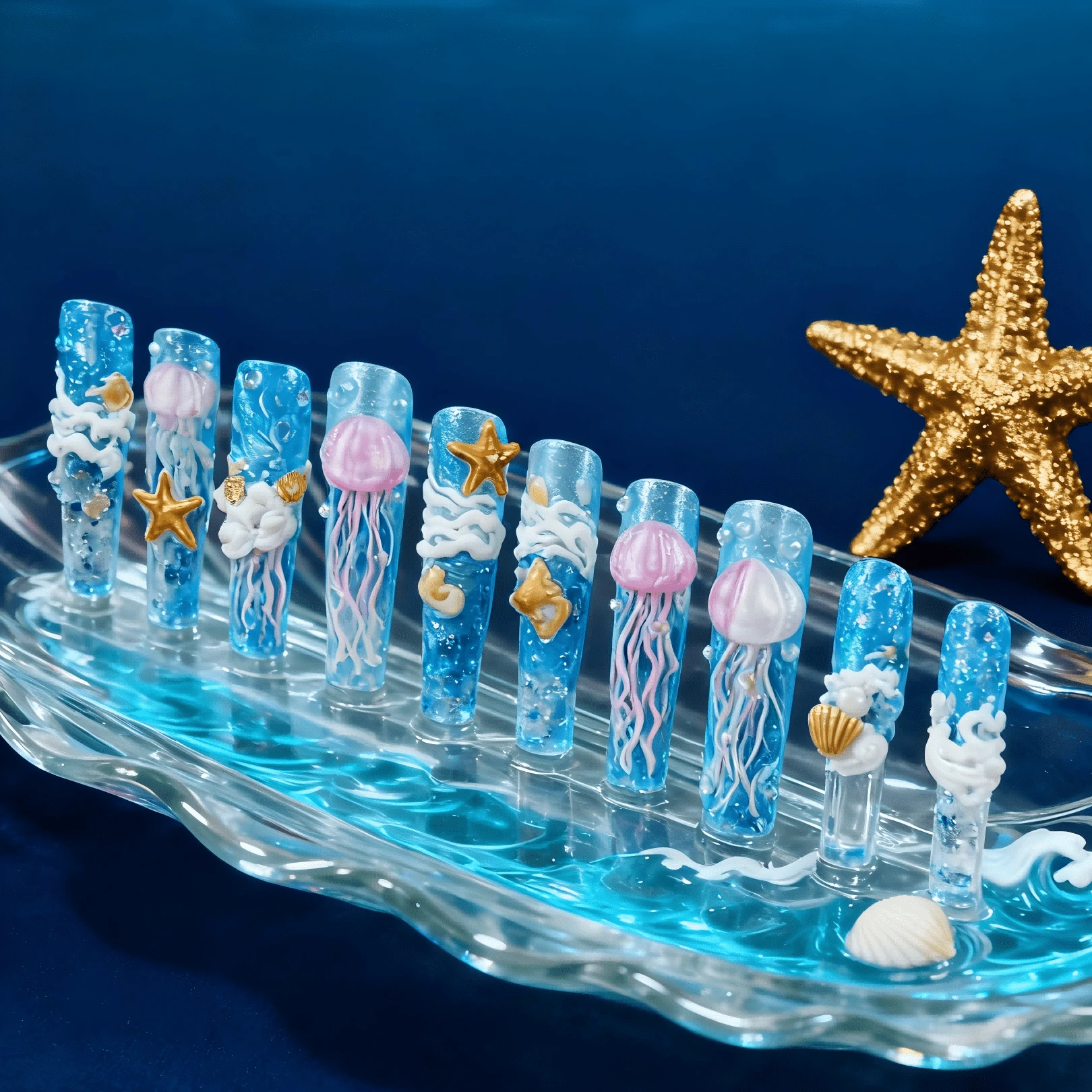 10 Pcs  Handemade Long Press-On Nails Long Acrylic M Fake Nails With Octopus, Starfish, Seashells -Dreamy Marine Style Pure Handmade Perfect For Spring-Summer Dates, Parties & Birthday Gift - Màu xanh lam - Xem 1