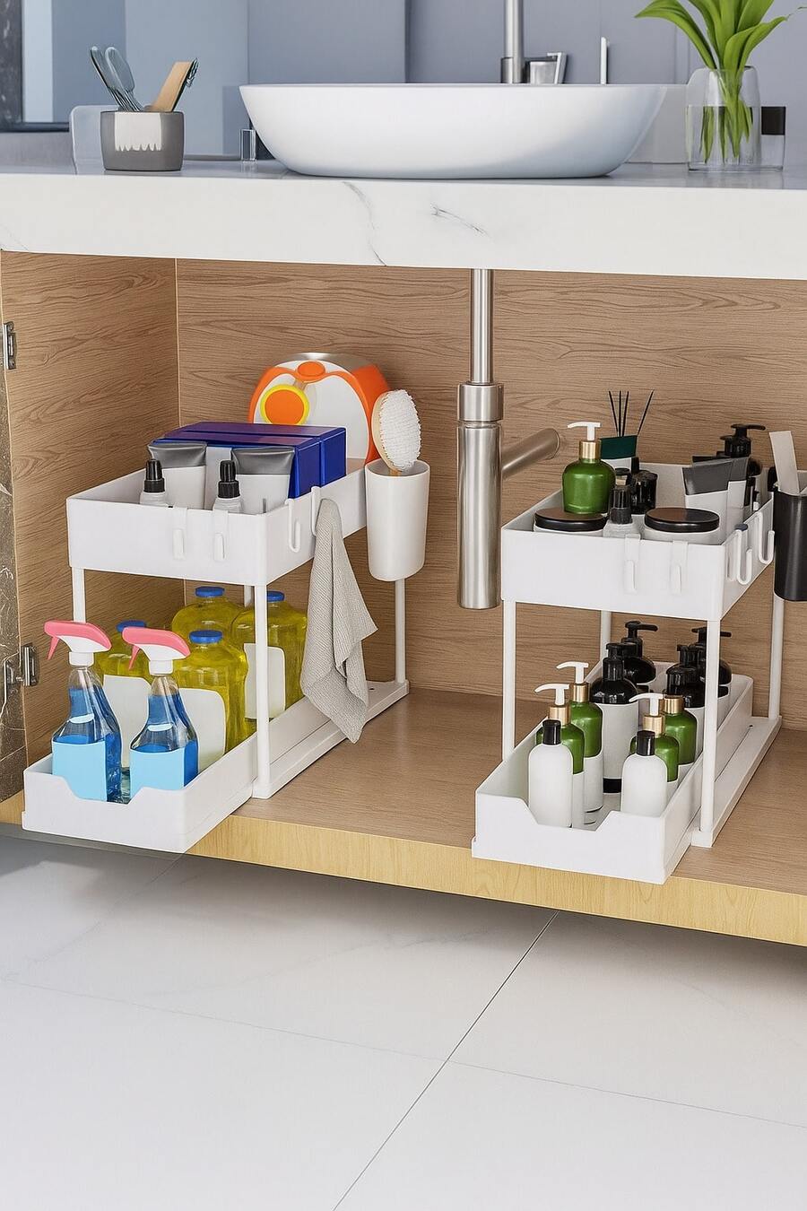 Brodark 1 pieza Organizador deslizante de varios niveles, Cajón extraíble de 2 niveles expandible, Cajón de gran capacidad resistente, Organizador de fregadero, Almacenamiento de gabinete, Estante de cocina, Ahorro de espacio, Diseño extensible, Fácil de limpiar, Baño/Cocina/Lavandería, Hogar ordenado, Color: Blanco, Material: Plástico