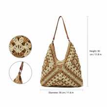 Large Women's Boho Chic Style Handbag – Synthetic Straw Shoulder Bag For Summer And Everyday Use - Kaki/Be - Xem 5