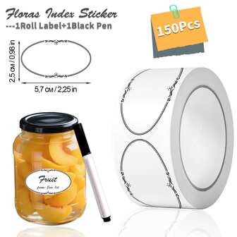 1Roll(150Pcs) Vintage Floras Writing Elliptical Index Stickers With Black Pen 0.98*2.25'' Satety Date Freezer Pantry Labels Sealing Tag Perfect For Kitchen Storage Containers, Beverage, Mason Jar