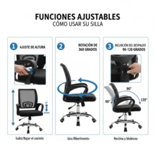 Silla de Oficina Moderna con Respaldo de Malla | Altura Ajustable | Giratoria 360° | Inclinación Ajustable | Para Hogar y Oficina - Negro - Ver 6