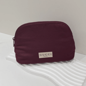 Gucci Beauty Maroon Dome Makeup Pouch, Textured Fabric Cosmetic Bag With Full Zip Closure And Woven Logo Label