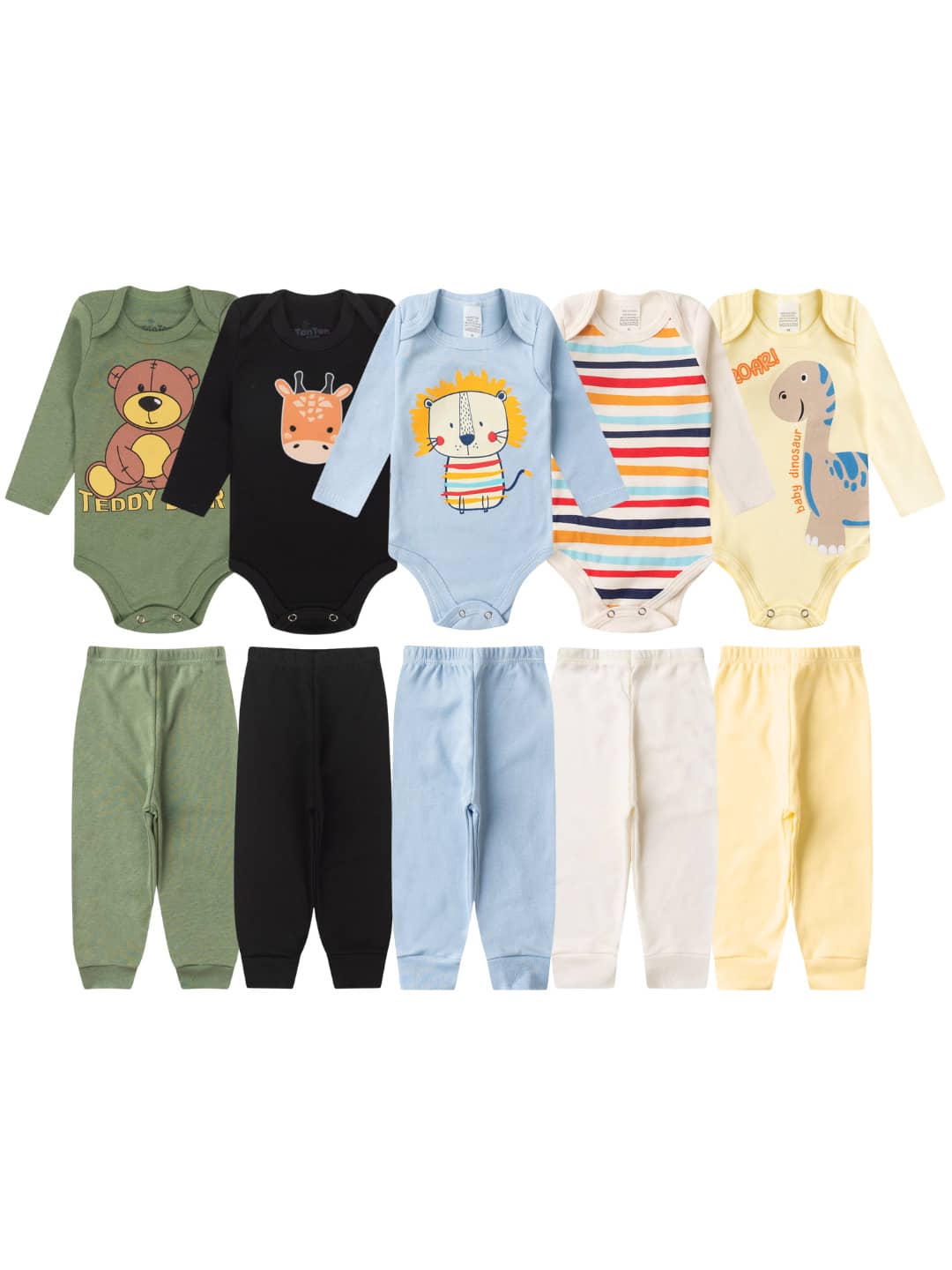 Set Of 5 Baby Bodysuits, Long Sleeves, 100% Cotton - 10 Pieces - 藍色 - 查看 1