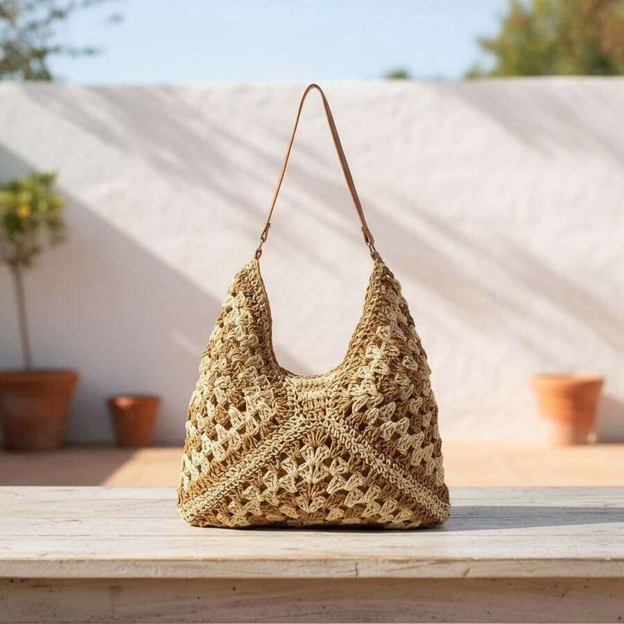 Large Women's Boho Chic Style Handbag – Synthetic Straw Shoulder Bag For Summer And Everyday Use - Kaki/Be - Xem 1