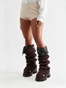 Women Mid Calf Suede Boots Platform Heels Rouch Boots Fold Over Chunky Heel Short Booties Round Toe Wide Calf Pull-On Shark Boots  Daily Party Winter Dress Shoes For Halloween Christmas - 巧克力棕色絨面 - 查看 3