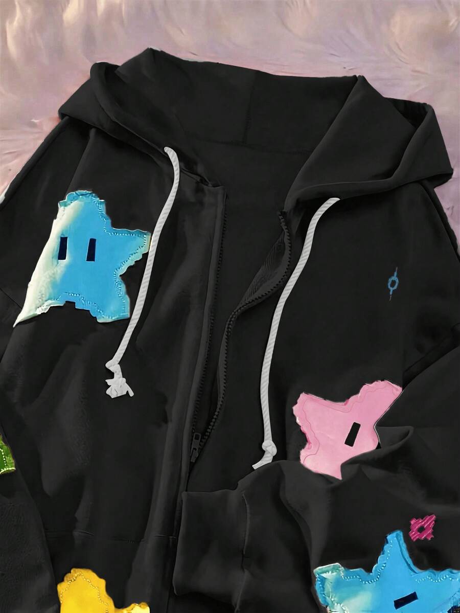 هودي فضفاض للشارع، كم طويل مطبوع، سحاب وسحاب للسيدات، طراز Y2K