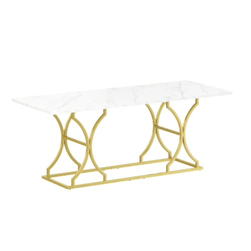 طاولة طعام بمقاس 200*80 سم، تتسع ل- 8-10 أشخاص، بتصميم عصري على شكل رخام، سمك السطح 2.5 سم، مقاوم للماء والخدش، أرجل معدنية ذهبية مع أقدام قابلة للتعديل، مناسبة لغرفة المعيشة وغرفة الطعام - أبيض - مشاهدة 9
