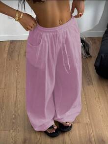 Comfortable Wide-Leg Linen Pants For Everyday Wear, Basic Casual Boho Minimalist Style, Ideal For Vacations, Low Waist, For Women, Drawstring. - Hồng - Xem 2