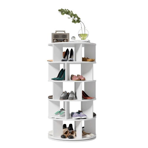 Rotating Shoe Rack, Round, White, 5 Shelves, Height 115 Cm, Width 60 Cm - White - View 1