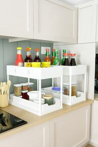 Brodark 1 pieza Organizador deslizante de varios niveles, Cajón extraíble de 2 niveles expandible, Cajón de gran capacidad resistente, Organizador de fregadero, Almacenamiento de gabinete, Estante de cocina, Ahorro de espacio, Diseño extensible, Fácil de limpiar, Baño/Cocina/Lavandería, Hogar ordenado, Color: Blanco, Material: Plástico - Blanco - Ver 3