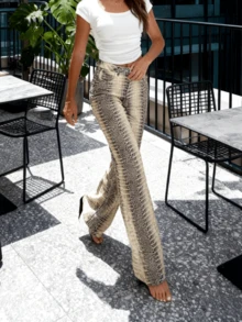 Women's Comfortable Stretch Floral Print Straight-Leg Casual Pants, Snake And Crocodile Print Wide-Leg Pants, Suitable For Sports, Fitness, And Everyday Wear, Halloween Costume - 彩色 - 查看 3