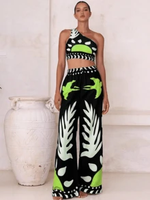 New Arrival Fashionable Sexy 3 PiecesSwimsuit Set For Women, Mesh Print Bottoms - Black Background With Green - View 6