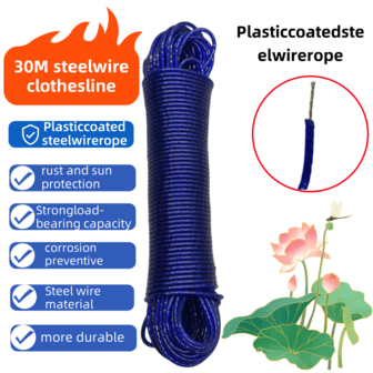 30m Blue Steel Clothesline 4mm Thick PVC Coated Steel Wire Rope Multi-Purpose Indoor Outdoor Utility For Drying Laundry, Grape Trellis, Greenhouse Support, Farming Rope, Portable Drying Rack, Easy To Clean, Weather Resistant, Space-Saving, Heavy Duty Hanging Line For Home, Balcony, Yard, Patio Indoor Outdoor All Weather Moisture Proof Versatile DIY Utility Line Laundry Drying Rack Garden Winery Farmstead Rope Home Organization Quick Dry Flexible Installation