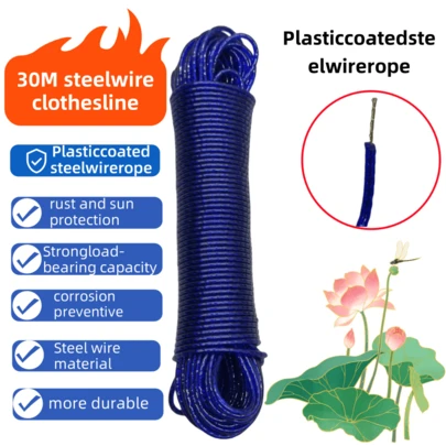30m Blue Steel Clothesline 4mm Thick PVC Coated Steel Wire Rope Multi-Purpose Indoor Outdoor Utility For Drying Laundry, Grape Trellis, Greenhouse Support, Farming Rope, Portable Drying Rack, Easy To Clean, Weather Resistant, Space-Saving, Heavy Duty Hanging Line For Home, Balcony, Yard, Patio Indoor Outdoor All Weather Moisture Proof Versatile DIY Utility Line Laundry Drying Rack Garden Winery Farmstead Rope Home Organization Quick Dry Flexible Installation