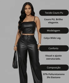 Women's High-Rise Faux Leather Wide-Leg Pants, Elegant Fashion, Gringa - 黑色 - 查看 4