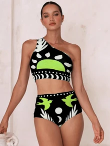 New Arrival Fashionable Sexy 3 PiecesSwimsuit Set For Women, Mesh Print Bottoms - Black Background With Green - View 2
