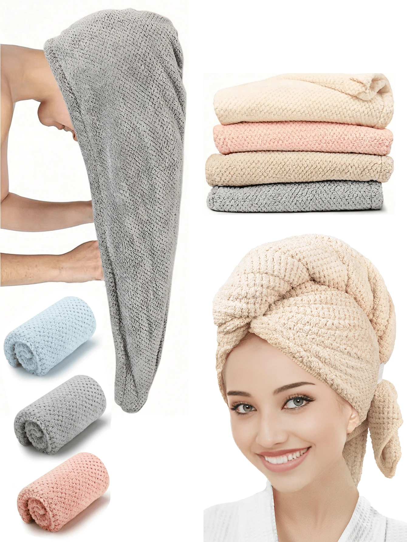 1条/3条装超细纤维干发巾/发帽，女士专用，吸水性强，速干，超级柔软舒适，尤其适合毛躁、卷曲和受损发质。浴室、居家、旅行和健身必备（多色套装），长短卷发适用 - 防毛躁 - 彩色 - 查看 1