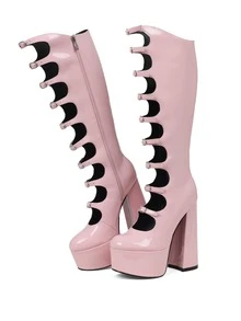 Goth Y2K Platform Knee High Boots For Woman Sexy Hollow Out Buckle Chunky Heels Side Zipper Women's Boots Lolita Dancing Party Shoes - 粉色 - 查看 7