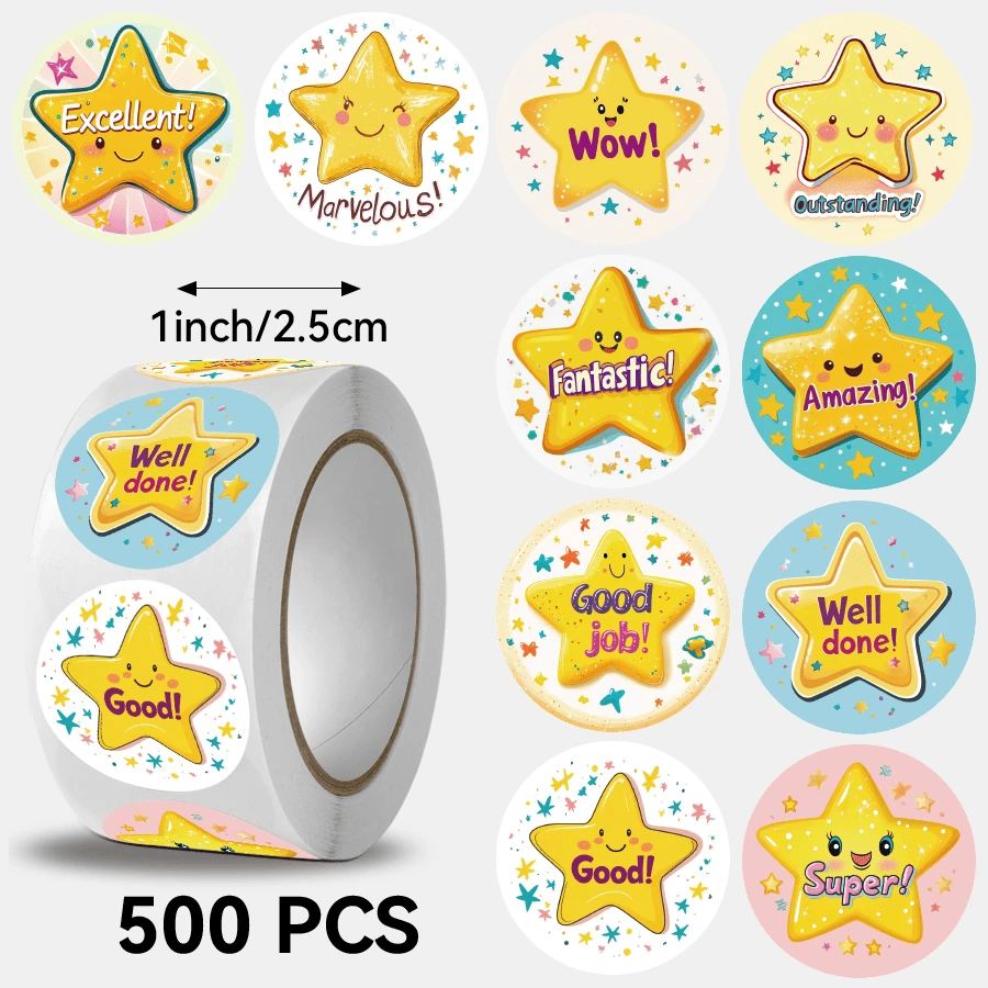 500 miếng/cuộn, hình ngôi sao, kích thước 2.5cm/1.0 inch, quà tặng lý tưởng cho trẻ em, có thể dùng để trang trí sách, dán nhãn, gói quà và nhiều mục đích khác.