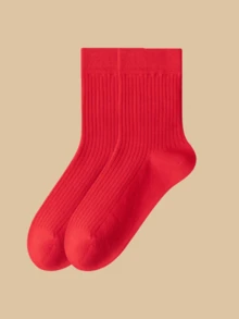 1 par de calcetines rojos sólidos y a rayas, calcetines largos transpirables para el Año Nuevo Chino, versátiles para otoño/invierno - Rojo - View 3