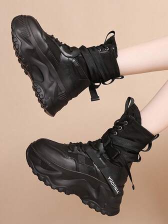 女士中筒系带厚底公主靴，防滑增高，圆头，街头风，黑色皮革，秋冬款