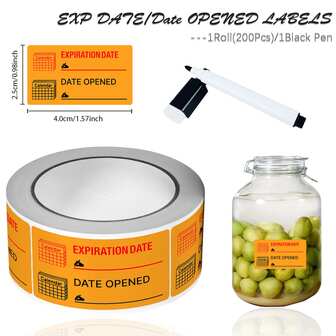 1 rulle (200 st) UTGÅNGSDATUM/ÖPPNADSDATUM-klistermärken med svart tuschpenna 0,98*1,57 tums mätdatum, frysskafferi, indexetiketter, försegling, perfekt för köksförvaringsbehållare, matburkar, drycker, masonburkar