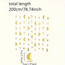2m Long Shiny Gold Star & Moon Shaped Decorations, Eid Party Festival Hanging Decor, Garland, Scene Setting, Atmosphere Decor - Gold - View 4