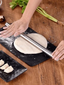 1pc Stainless Steel Rolling Pin, Baking Tool, Non-Stick Dough Rolling Pin, Suitable For Baking Bagels, Pizza, Pies, Cakes, Pasta, Dough, Cookies, Etc. The Stainless Steel Rolling Pin Gently Rolls And Presses The Dough, Making A Crisp Sound. Garnished With Celery And Mushrooms, The Dumplings In The Black Plate Are Quietly Waiting To Be Enjoyed By The Family During A Delightful Pasta Meal. - Multicolor - View 6