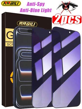 NNBILI 2片装钢化玻璃防窥屏保护膜，防尘、防刮、防蓝光、护眼、紫光，兼容 17 Pro Max/17 Air/17 Pro/17/16 Pro Max/16 Plus/16 Pro/16/15 Pro Max/15 Plus/15 Pro/15/14/13/12 Mini/11，家用隐私保护膜，手机屏幕保护膜，手机配件