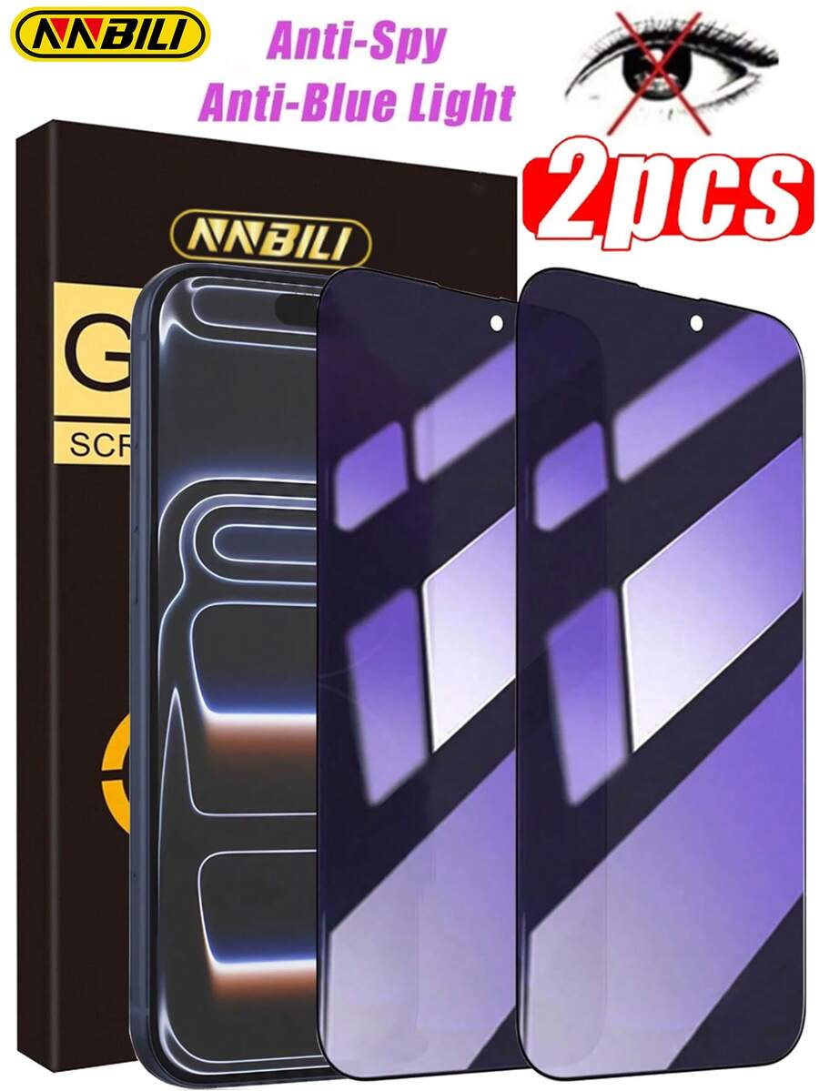 2pcs NNBILI Tempered Glass Privacy Screen Protector, Anti-Dust, Anti-Scratch, Anti-Blue Light, Eye Protection, Suitable For IPhone 17 Pro Max/17 Air/17 Pro/17/16 Pro Max/16 Plus/16 Pro/16/15 Pro Max/15 Plus/15 Pro/15/14/13/12 Mini/11, Home Privacy Protection Film, Phone Screen Protector, Phone Accessories - 2Pcs - View 1