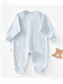 2pcs Baby Jumpsuit, Blue & White Embroidered Bear Pattern, Newborn , Suitable For All Seasons - Blue and White - View 9