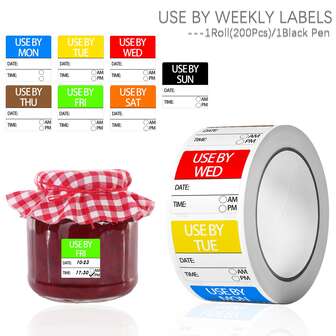 1卷（200张）可书写每周保质期标签，配黑色可擦笔，尺寸1.18*1.18英寸，适用于冷冻食品保质期、冷冻食品轮换标签和密封标签，完美适用于储物容器、食品罐、外卖等。