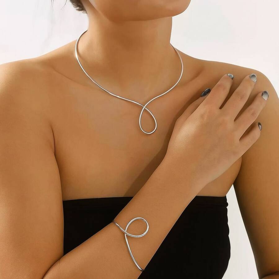 Women's Kit With Choker And Bracelet, Adjustable Asymmetrical Drop Design - Bạc - Xem 1