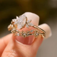 2Pcs Luxury Women's Fashion Zirconia Wedding Ring Set Wedding Band Engagement Party Birthday Anniversary Christmas Gifts For Women Girlfriend Fine Jewelry - 金色 - 查看 3