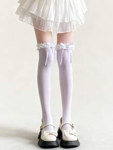 1双女童过膝袜，白色，带蝴蝶结，洛丽塔风格，荷叶边蕾丝边。袜子、发饰、发带、胸针、眼镜、学习用品、徽章、伊斯兰头巾、奢华新娘皇冠、女士围巾、袖套、披肩、女士太阳镜、袜子、女士腰带、女士手套、男士太阳镜。圣诞礼物 - 彩色 - 查看 4