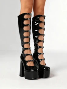 Goth Y2K Platform Knee High Boots For Woman Sexy Hollow Out Buckle Chunky Heels Side Zipper Women's Boots Lolita Dancing Party Shoes - màu đen - Xem 6