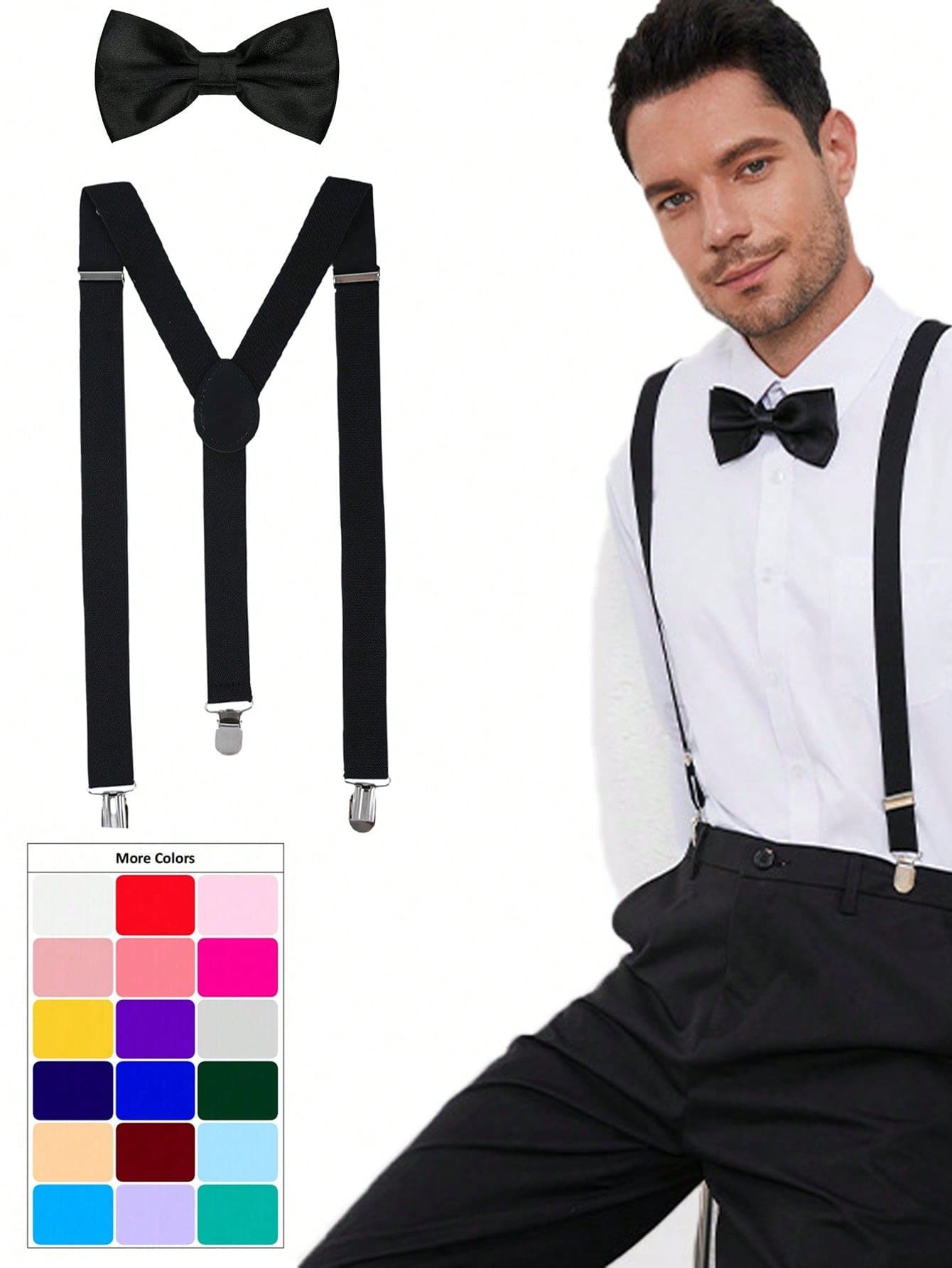 男女通用吊带领结套装，可调节吊带领结套装，纯色Y型，带结实夹子，可调节吊带，中等厚度，长度60-90厘米