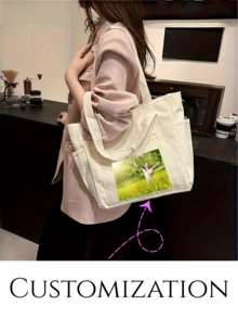 可定制帆布手提包，拉链封口 - 大容量、耐用且宽敞的通勤单肩包，适合学生和上班族，米色或黑色可选，学院风设计，宽敞的工作包 | 学院风包 | 耐用帆布材质 - 彩色 - 查看 1