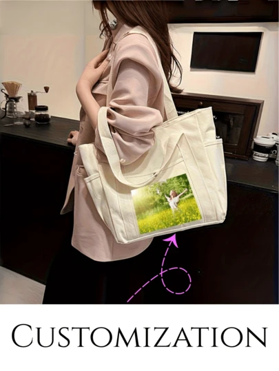 Customizable Canvas Tote Bag With Zipper Closure - Large Capacity, Durable And Spacious Commuter Shoulder Bag Suitable For Students And Professionals, Available In Beige Or Black, Collegiate Design, Spacious Work Bag | Collegiate Bag | Durable Canvas Material