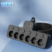 Multi-Outlet Power Strip With Surge Protector, Extra Long Extension Cord, 5FT/10FT/15FT Multi-Functional Power Strip With 6 EU AC Outlets, 3 USB Ports And 1 Type-C Port, Independent Switch Design, Wall Mountable, Suitable For Home, Construction Site, Office, Travel