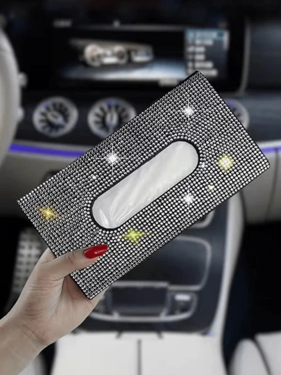 1 علبة مناديل للسيارة مزينة بالراين ستون، علبة مناديل للشمسية في السيارة، مشبك مناديل مرصع بالألماس مدمج في مسند الظهر للمقعد، تصميم إبداعي وأنيق لصندوق مناديل السيارة للسيدات