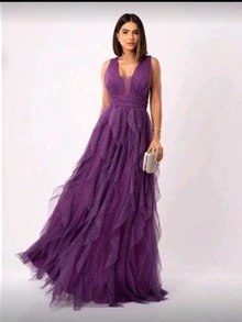 Long Dress For Graduation, Party, Wedding, Guest, Bridesmaid, With Sparkle - Purple - View 2