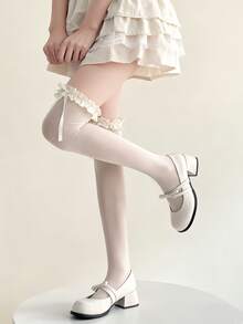 1双女童过膝袜，白色，带蝴蝶结，洛丽塔风格，荷叶边蕾丝边。袜子、发饰、发带、胸针、眼镜、学习用品、徽章、伊斯兰头巾、奢华新娘皇冠、女士围巾、袖套、披肩、女士太阳镜、袜子、女士腰带、女士手套、男士太阳镜。圣诞礼物 - 彩色 - 查看 8