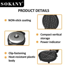 SOKANY08039 Waflera, Perilla/Temperatura Ajustable, Luz Indicadora, 4 Placas Antiadherentes, Fácil de Limpiar, Compacta, Para Waffles/Pasteles/Sándwiches/Galletas. - Ver 4