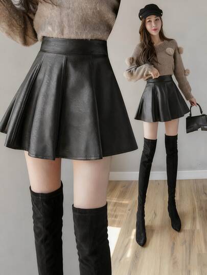 新款秋冬高腰修身皮裙，女式A字短款百褶裙
